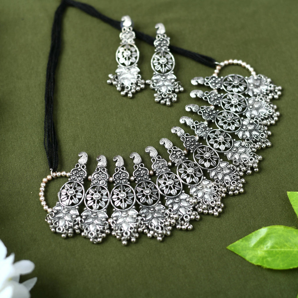 Mominos Fashion Johar Kamal Oxidised Silver-Plated Brass Finish Temple Jewellery with Earrings For Women