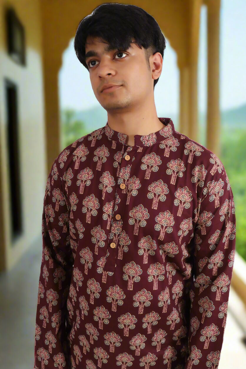 Souchii Men Burgundy Pure Cotton Ethnic Motif Printed Straight Kurta | Grocsy