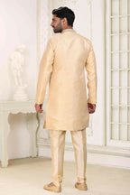 Raivat Ethnic Banarasi Jacquard Embroidery Semi Indo Western Sherwani In Beige Colour | Grocsy