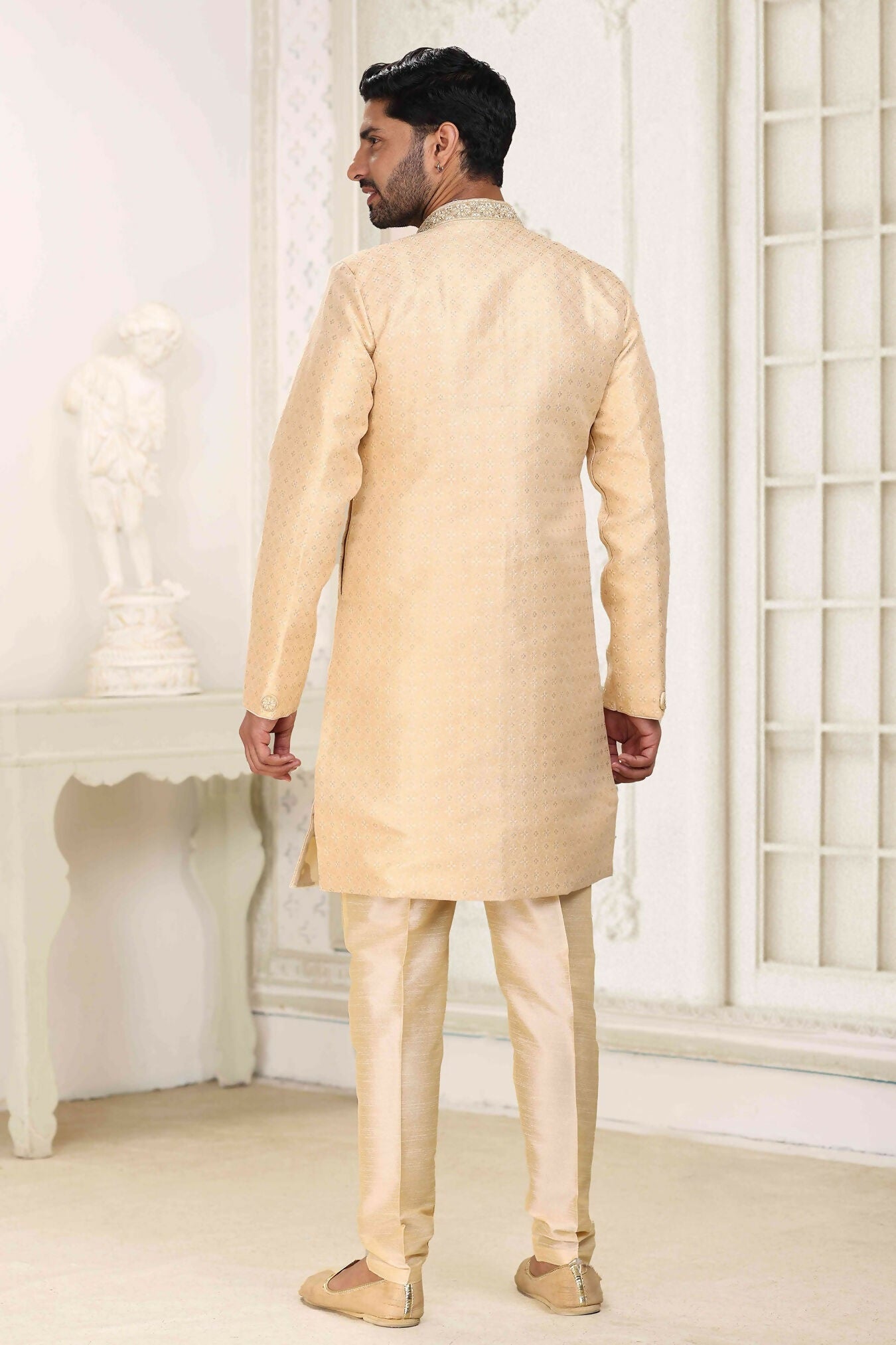 Raivat Ethnic Banarasi Jacquard Embroidery Semi Indo Western Sherwani In Beige Colour | Grocsy