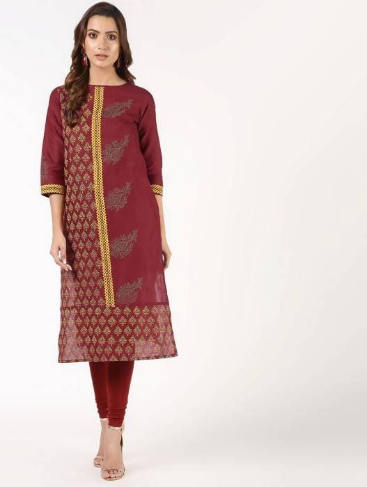 Aniyah Cotton Block Printed Maroon Straight Kurta (AN-141K) | Grocsy