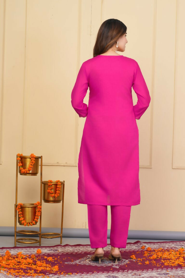 Pink Viscose Chanderi Embroidered Stitched Suit With Dupatta - Tanisha | Grocsy