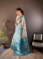Joban Fashion Sky Blue Floral Motifs Banarasi Silk Sarees | Grocsy