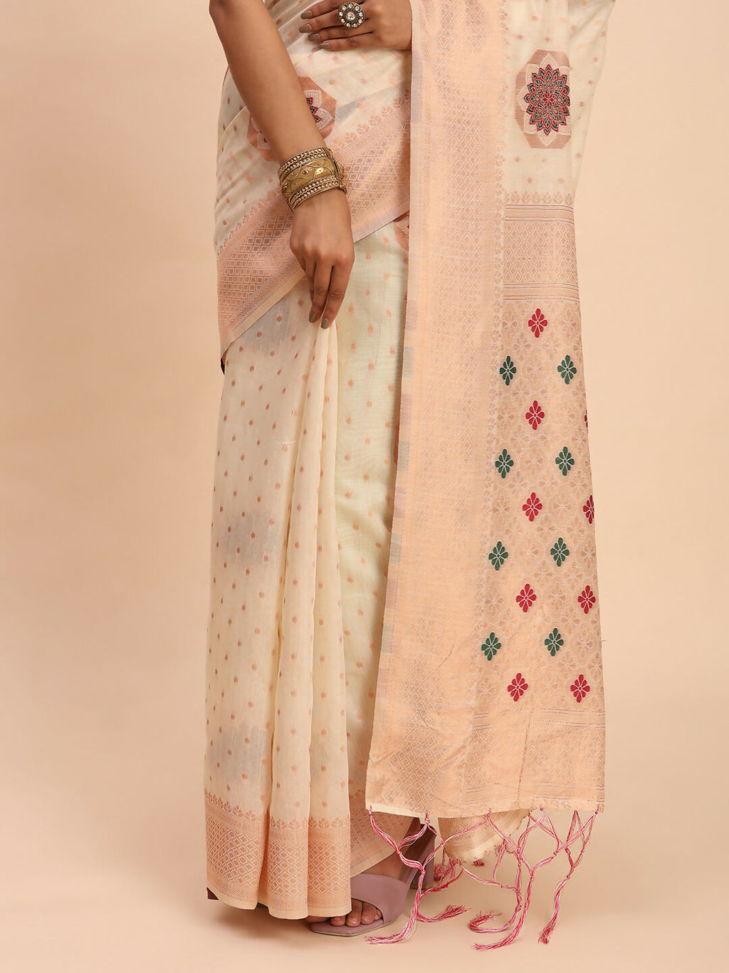 Shree Shyam Fashion Linen Cotton Off White Saree | Grocsy