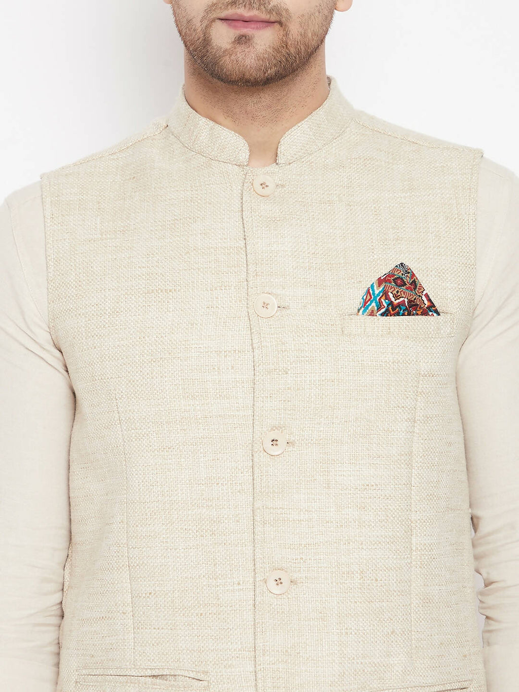 Even Apparels Beige Linen Men Woven Nehru Jacket | Grocsy