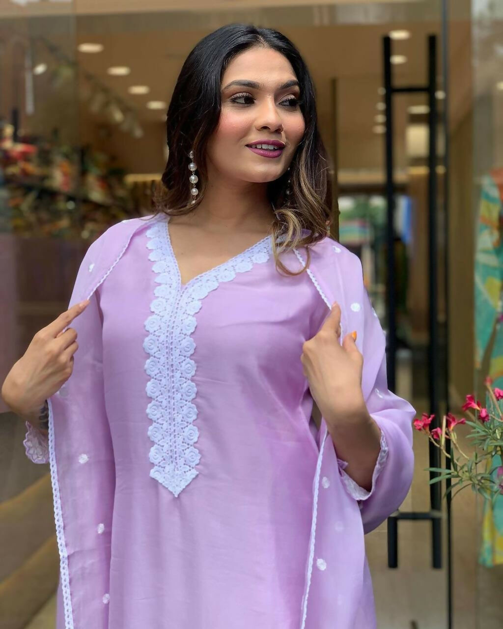 The52 Lavender Women's Gorgeous Embroidered Georgette Fabric Straight Kurta Pant with Dupatta Set | Grocsy