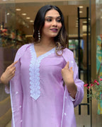 The52 Lavender Women's Gorgeous Embroidered Georgette Fabric Straight Kurta Pant with Dupatta Set | Grocsy