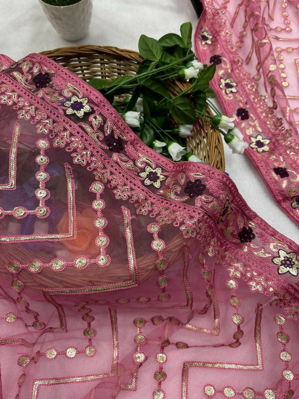 Vastranavya Butterfly Net Designer Chain Stitch Embroidery Work with Foil Thread & Stone Work Saree with Blouse Material - Pink | Grocsy