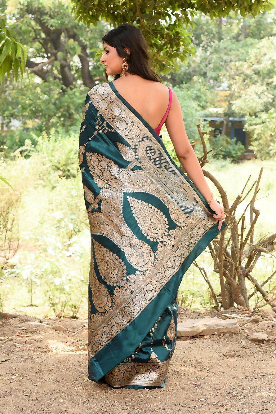 Joban Fashion Green Banarasi Soft Pure Handloom Banarasi Silk Saree | Grocsy