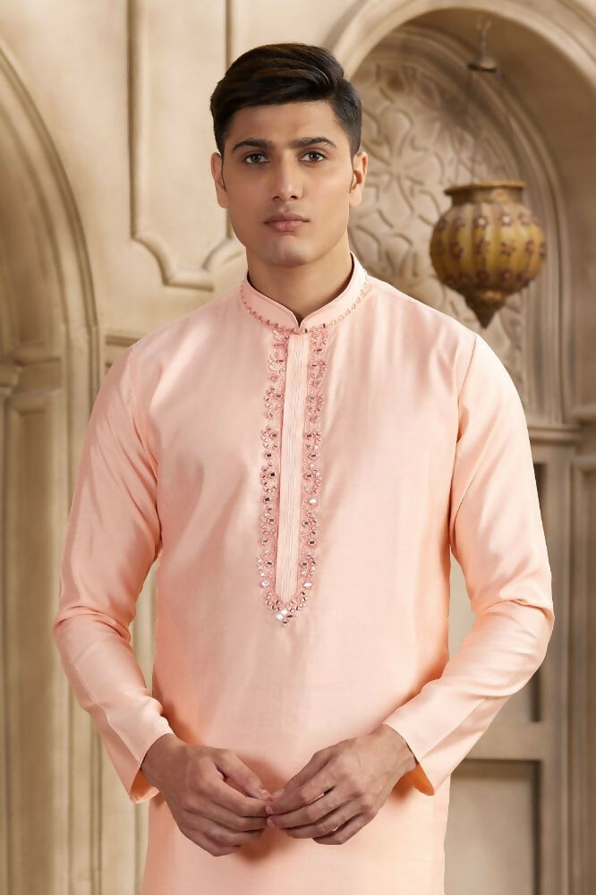 Raivat Ethnic Banarasi Art Silk Mirror Work Kurta Pajama In Pink Colour | Grocsy
