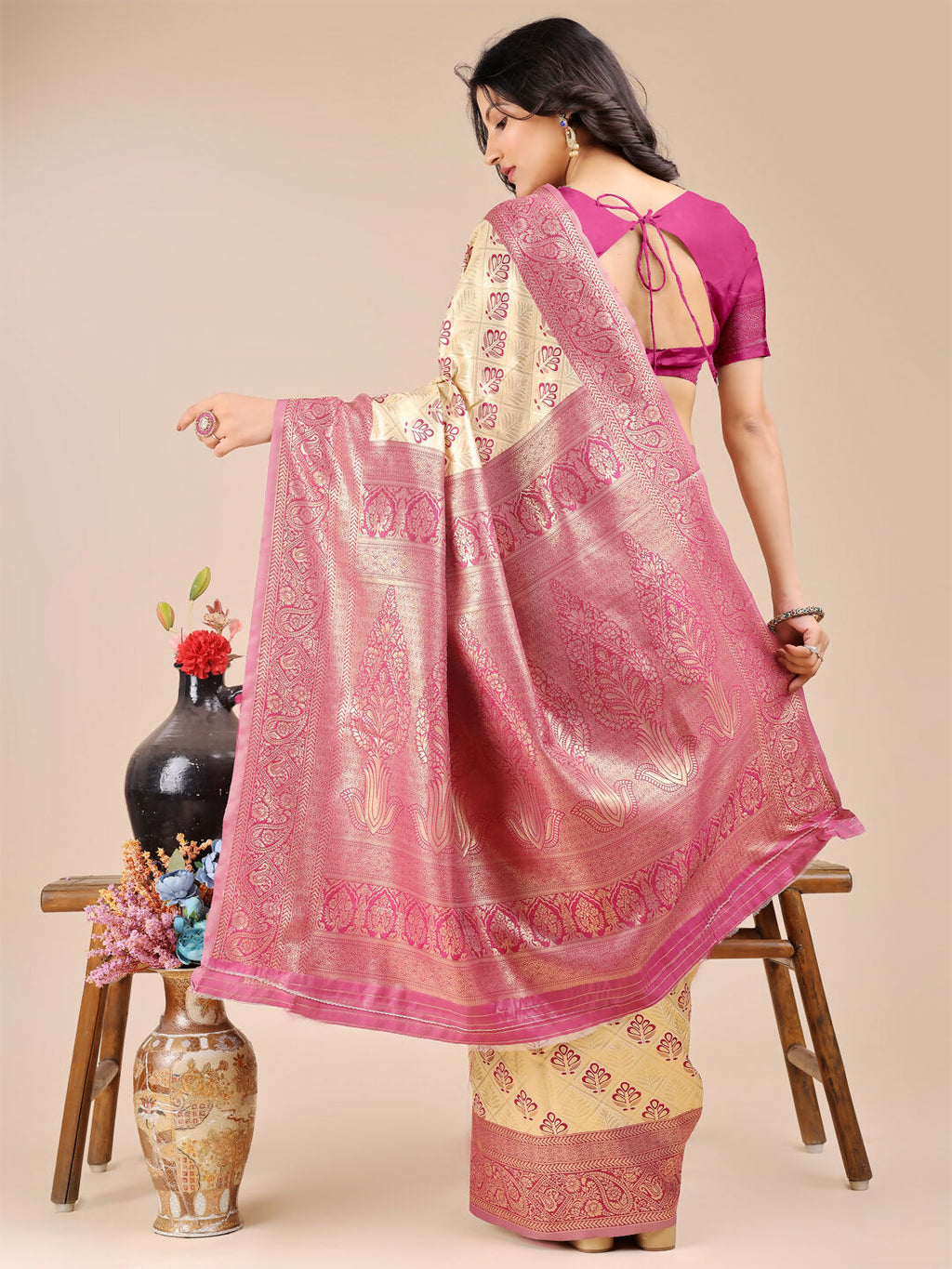 Shree Shyam Fashion Aura Silk Cream Magenta Banarasi Silk Saree | Grocsy