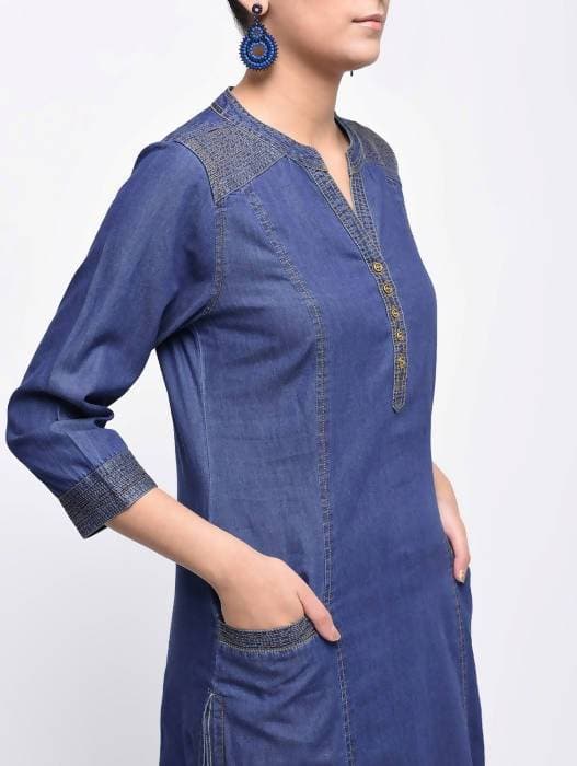 Aniyah Denim Princess Line Straight Kurta In Blue (AN-128K) | Grocsy