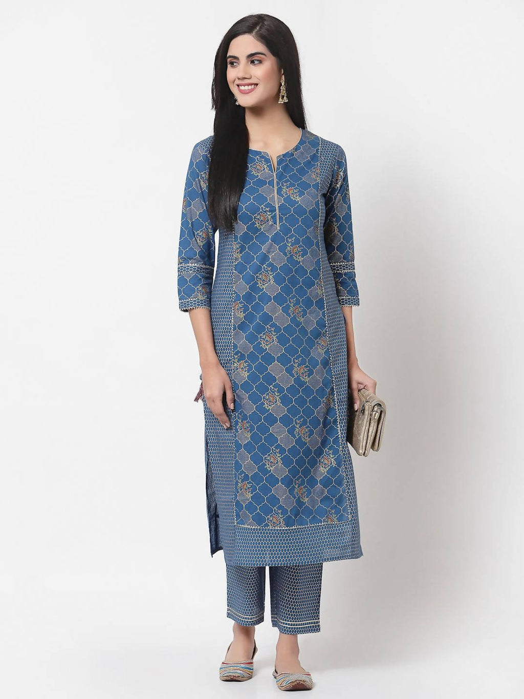 Myshka Women's Navy Blue Printed 3/4 Sleeve Cotton Round Neck Casual Kurta & Pant Set | Grocsy