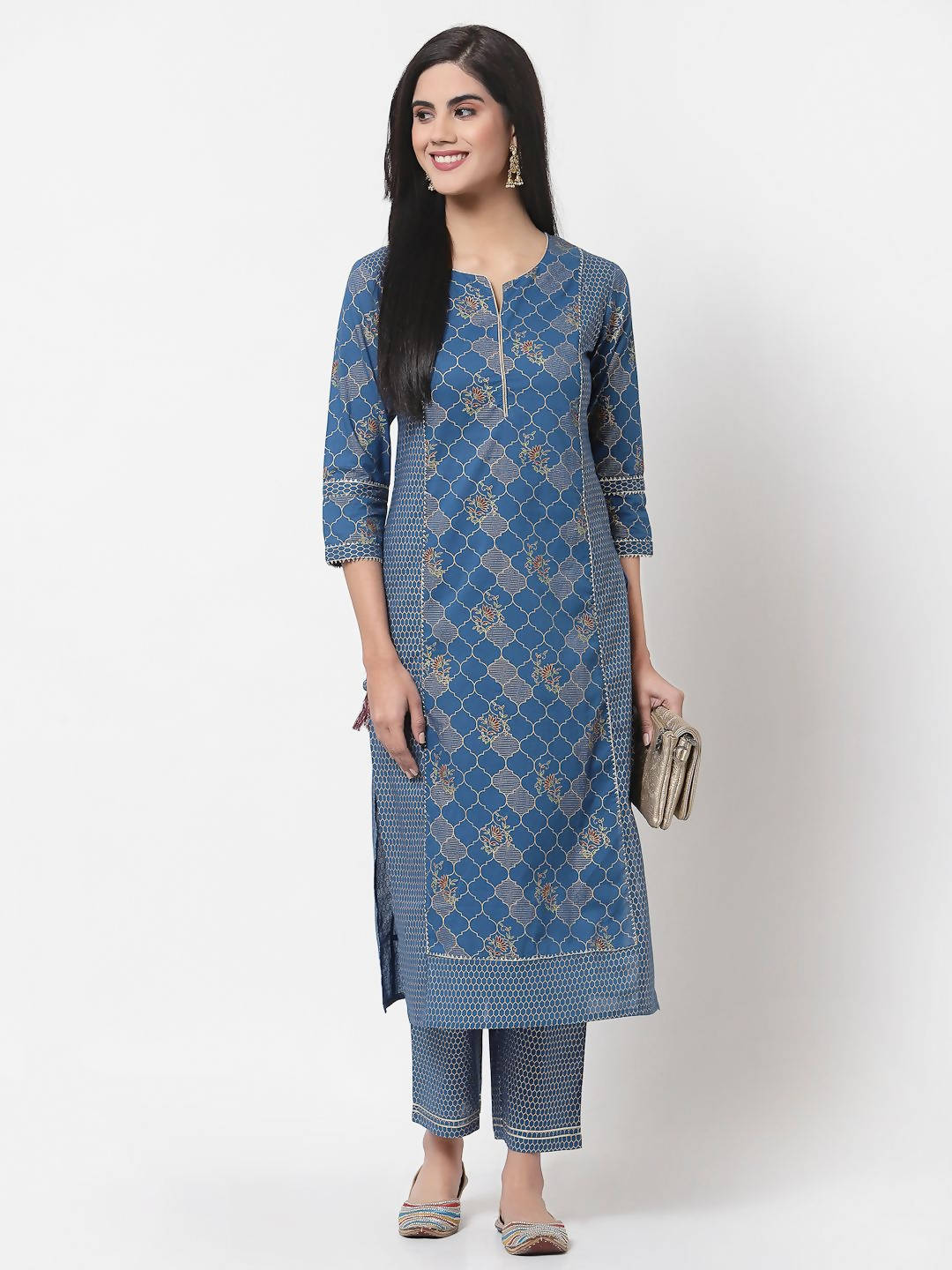Myshka Women's Navy Blue Printed 3/4 Sleeve Cotton Round Neck Casual Kurta & Pant Set | Grocsy