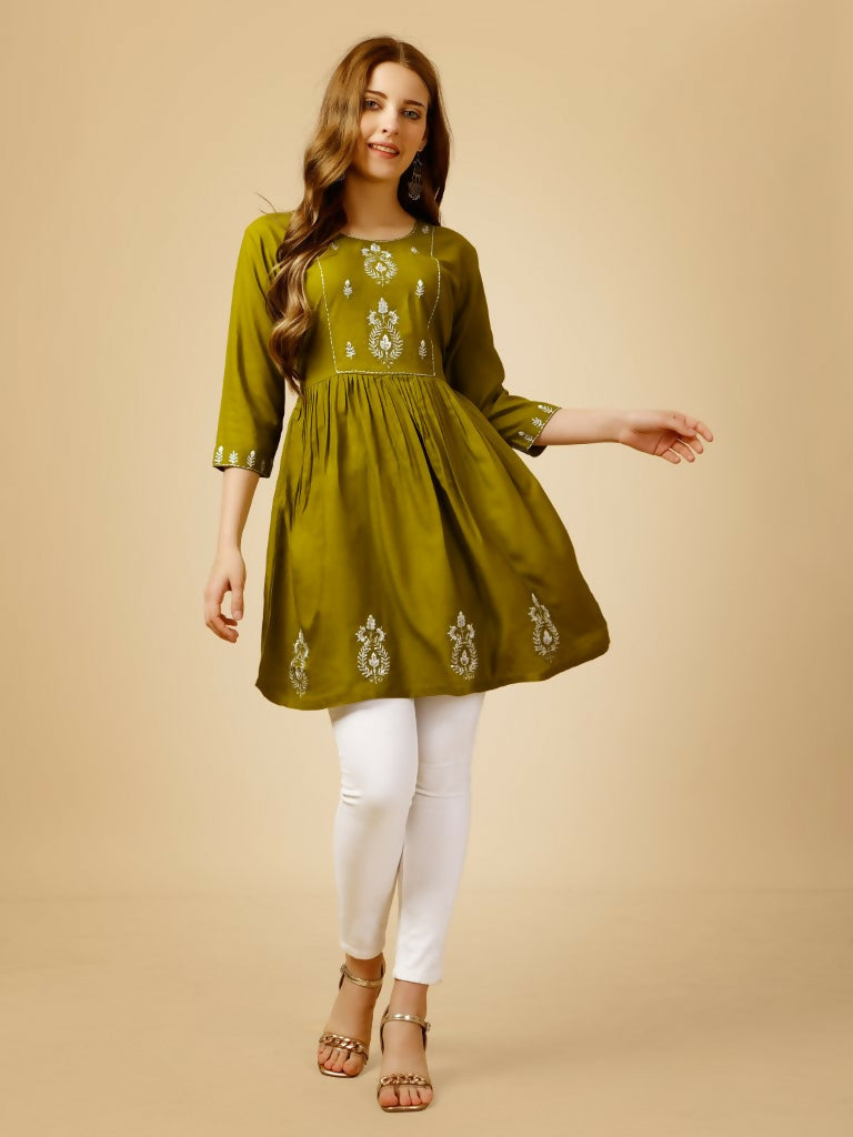 Jyoti Fashion Women's Mehendi Viscose Rayon Embroidered Casual Top | Grocsy