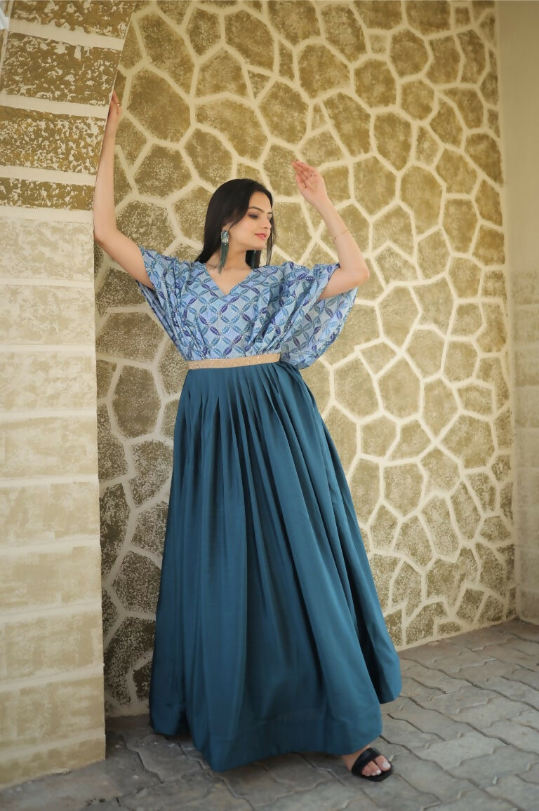 Jyoti Fashion Women's Teal Printed with Sequins Chinon Anarkali Dress | Grocsy