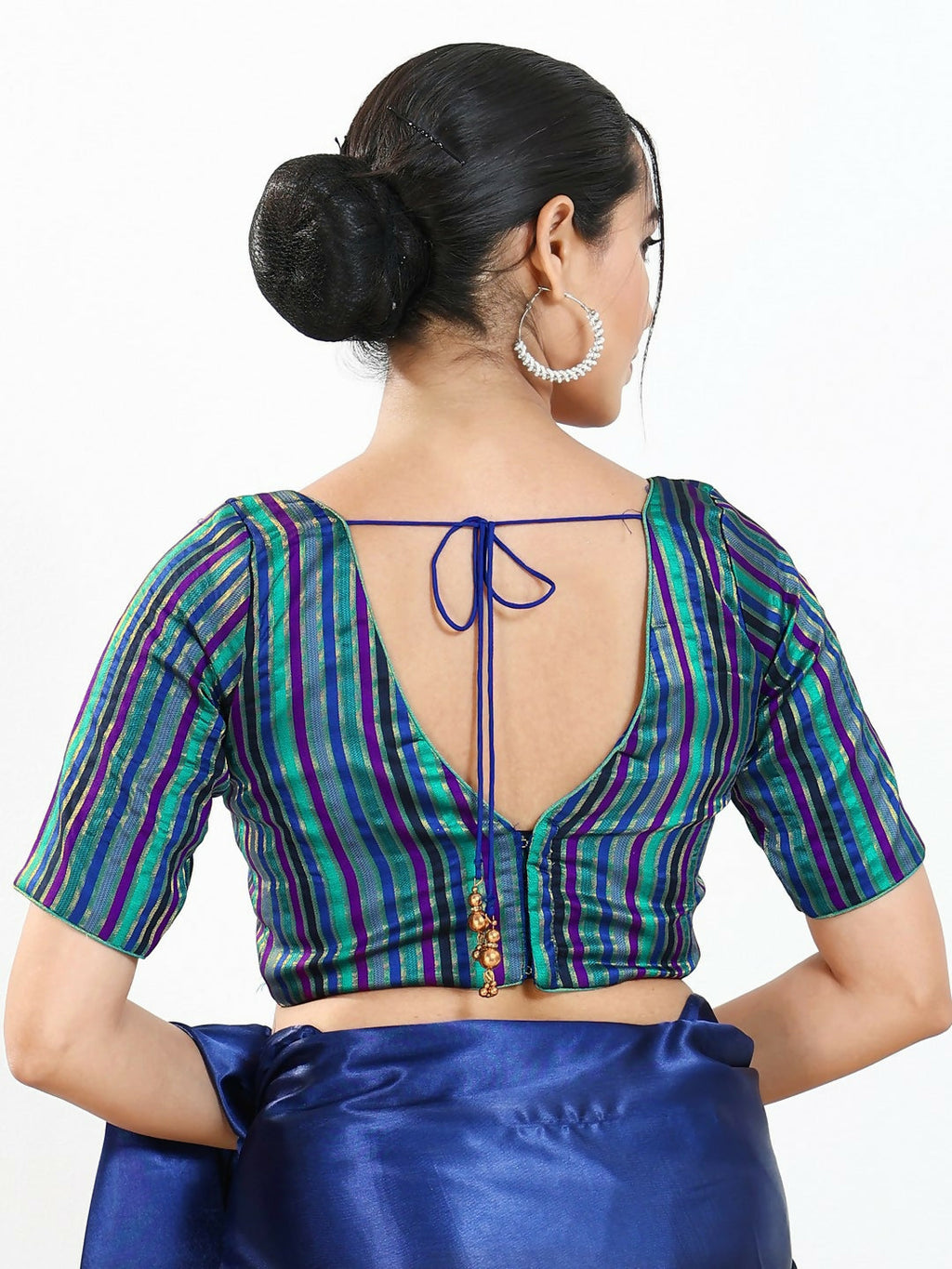 Joban Fashion Blue Multi Brocade Padded Blouse With V Neck Elbow Sleeves | Grocsy