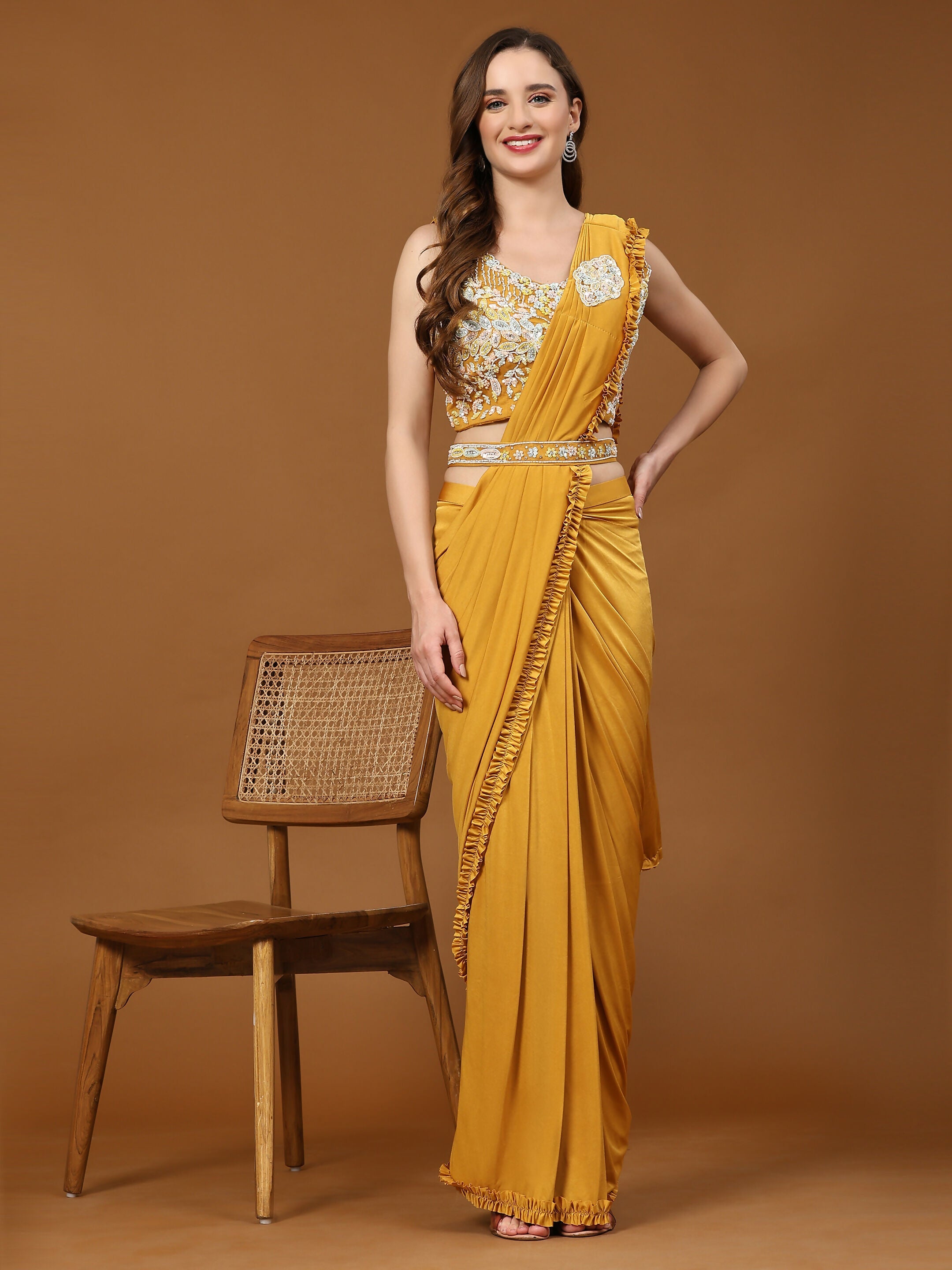 Yellow Lycra Solid Ready to wear Saree with stitched Blouse - Vanita | Grocsy