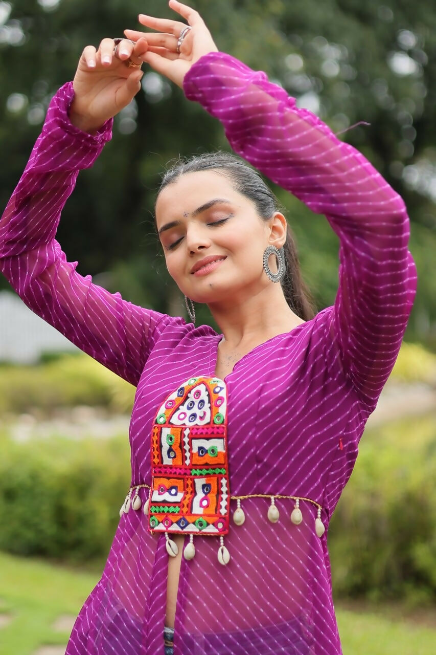 Vastranavya Purple Navratri Special Kutchi Patch Work with Leheriya Printed Kurti | Grocsy