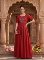 Teeya Creation Women's New Trendy Red Pleated Maxi Dress with Intricate Peacock Beadwork | Grocsy