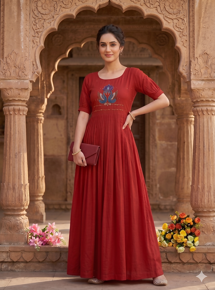 Teeya Creation Women's New Trendy Red Pleated Maxi Dress with Intricate Peacock Beadwork | Grocsy