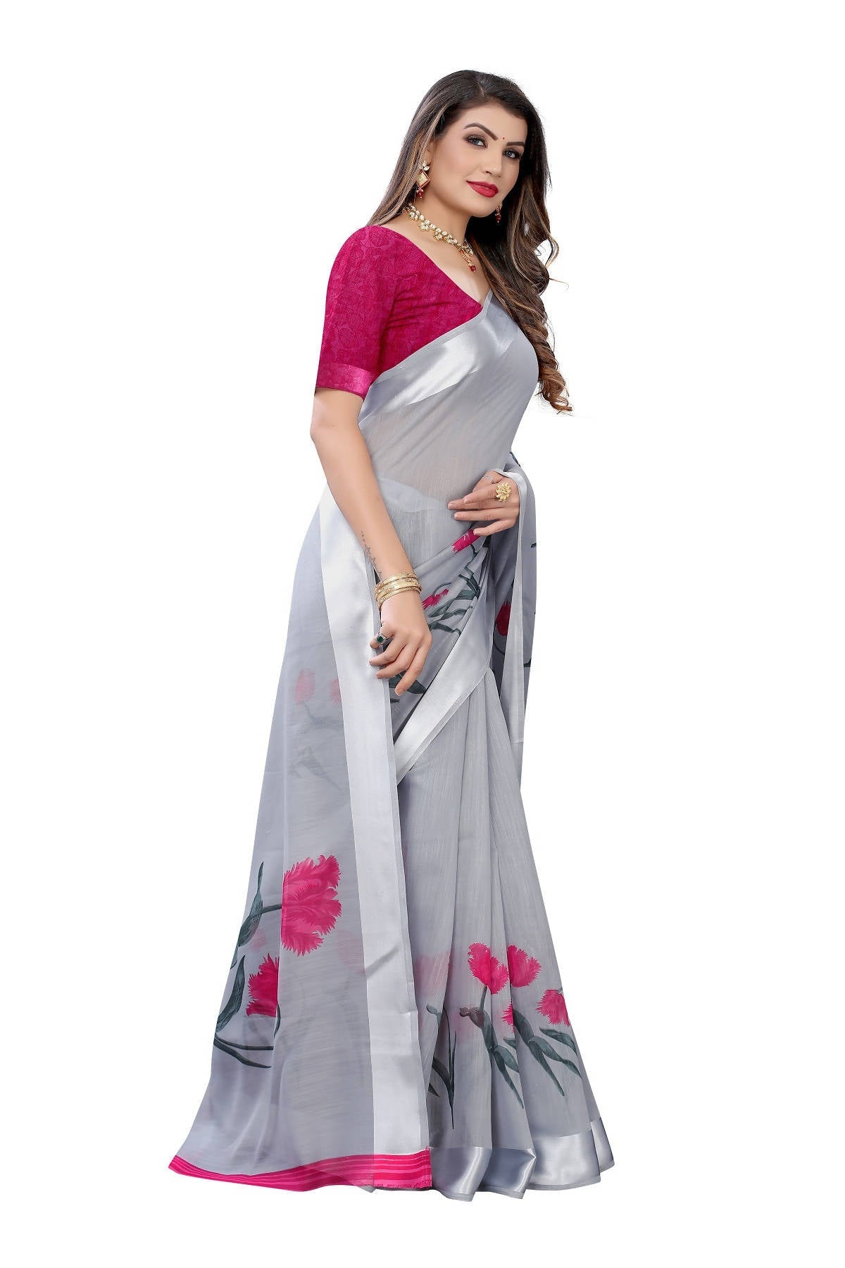 Vamika Grey Linen Satin Patta Saree (VANI GREY) | Grocsy