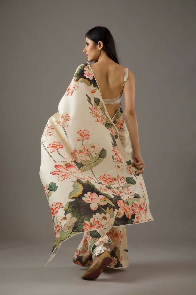 Cream Bright Moss Designer Digital Printed Party Wear Saree - Be Verly | Grocsy