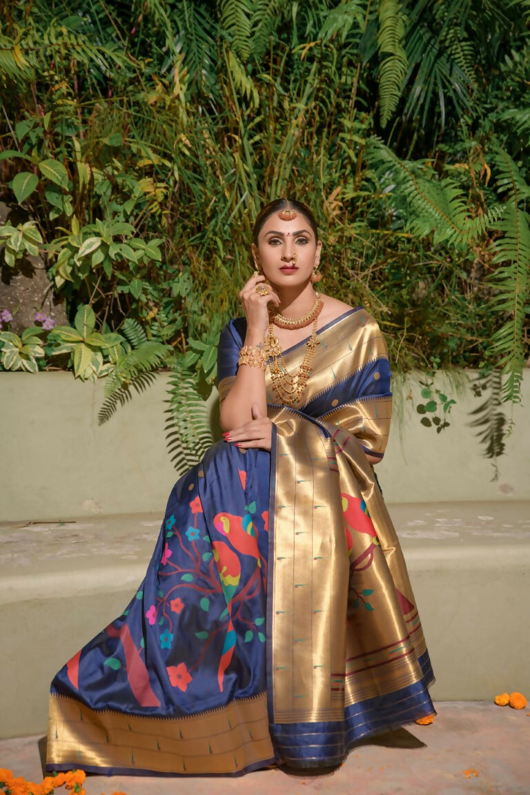 Jyoti Fashion Women's Navy Blue Paithani Silk Zari Woven Saree with Blouse | Grocsy