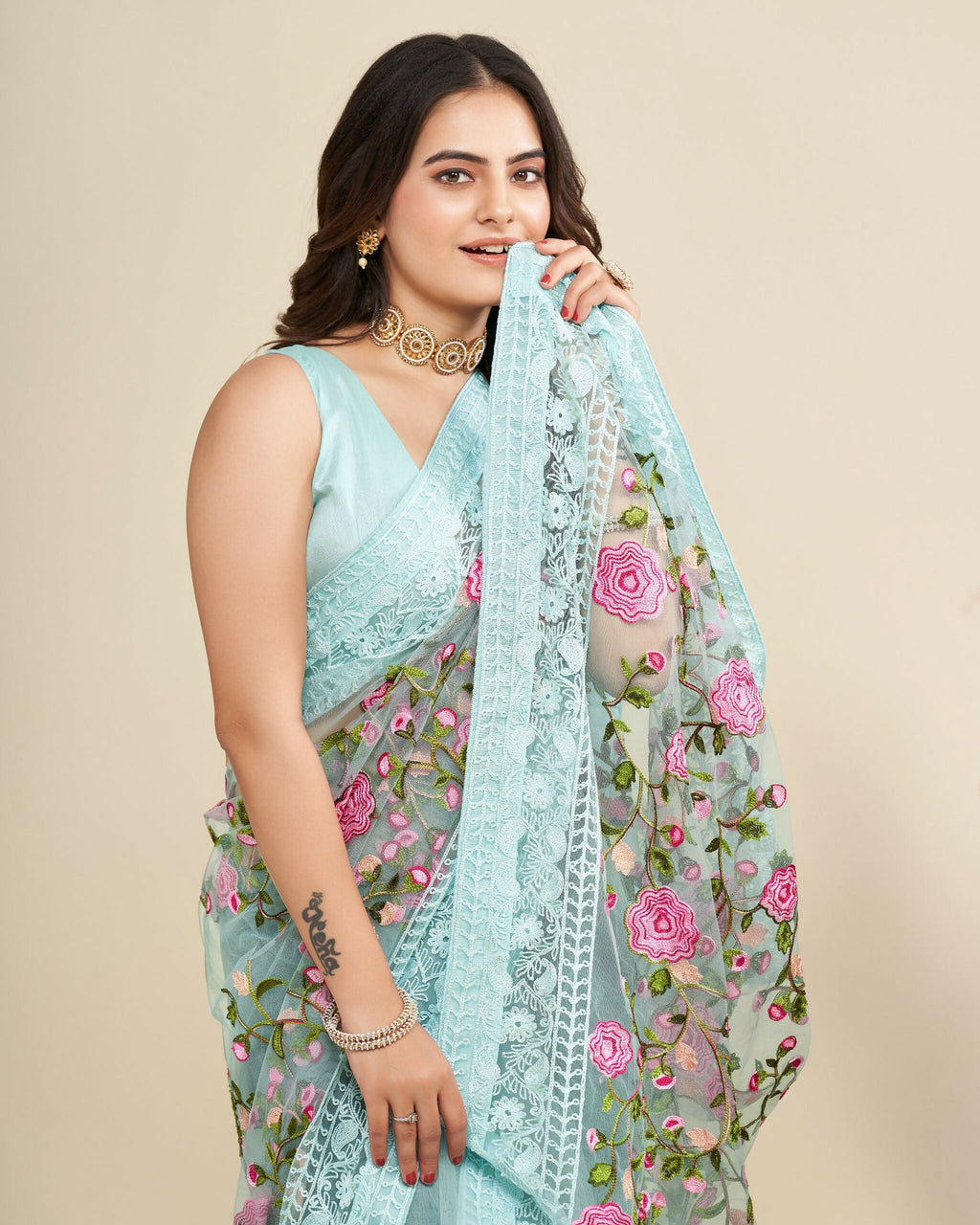 Teeya Creation Womens Latest Stylish Party Wear Soft Net Saree-Blue | Grocsy
