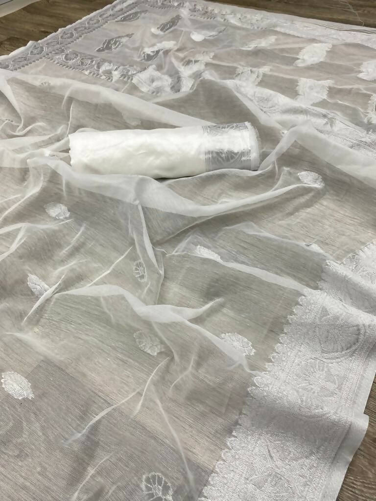 DEIANA'S Beautiful Designer Golden zari Soft Cotton Saree - White | Grocsy