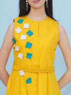 Joban Fashion Yellow Dress with 3D Flower Embroidery and Belt | Grocsy