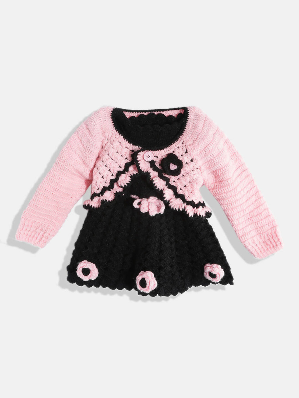 Chutput Kids Woollen Hand Knitted Full Sleeves Cardigan With Short Sleeves Flower Work Dress For Baby Girls - Pink | Grocsy