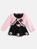 Chutput Kids Woollen Hand Knitted Full Sleeves Cardigan With Short Sleeves Flower Work Dress For Baby Girls - Pink | Grocsy