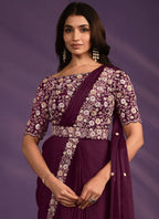 Wine Crepe Satin Silk Embroidered Saree With Stitched Blouse - Mohmanthan Exotica | Grocsy