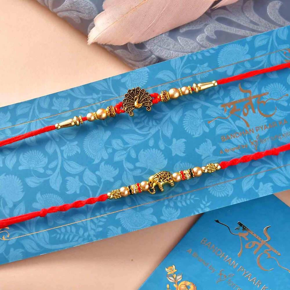 Peacock & Elephant Rakhis With Mewa Bites & Suhal Combo | Grocsy