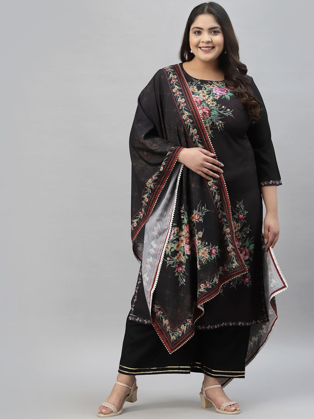 Sztori Plus Size Floral Printed Regular Straight Kurta with Palazzos & With Dupatta | Grocsy