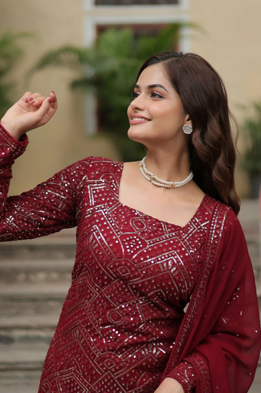Vastranavya Premium Designer Heavy Sequins & Thread Embroidered work Top Sharara & Dupatta - Maroon | Grocsy