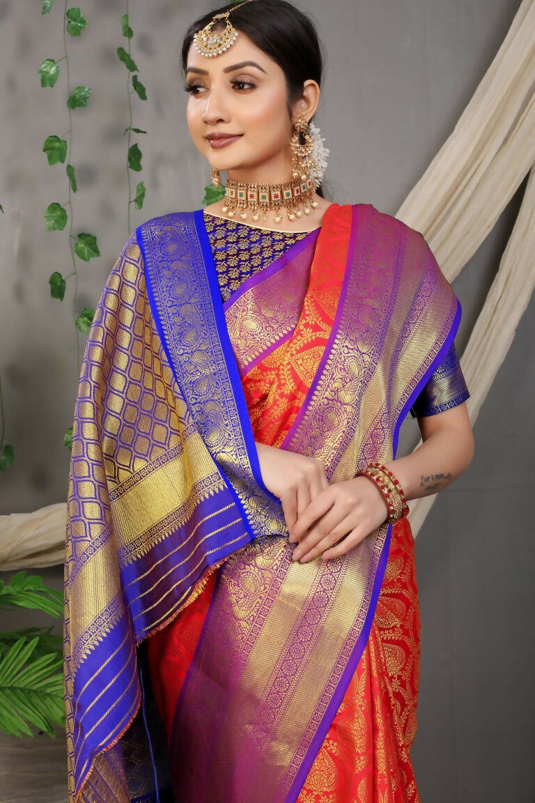 Jyoti Fashion Women's Red Kanjivaram Silk Zari Woven Saree with Blouse | Grocsy