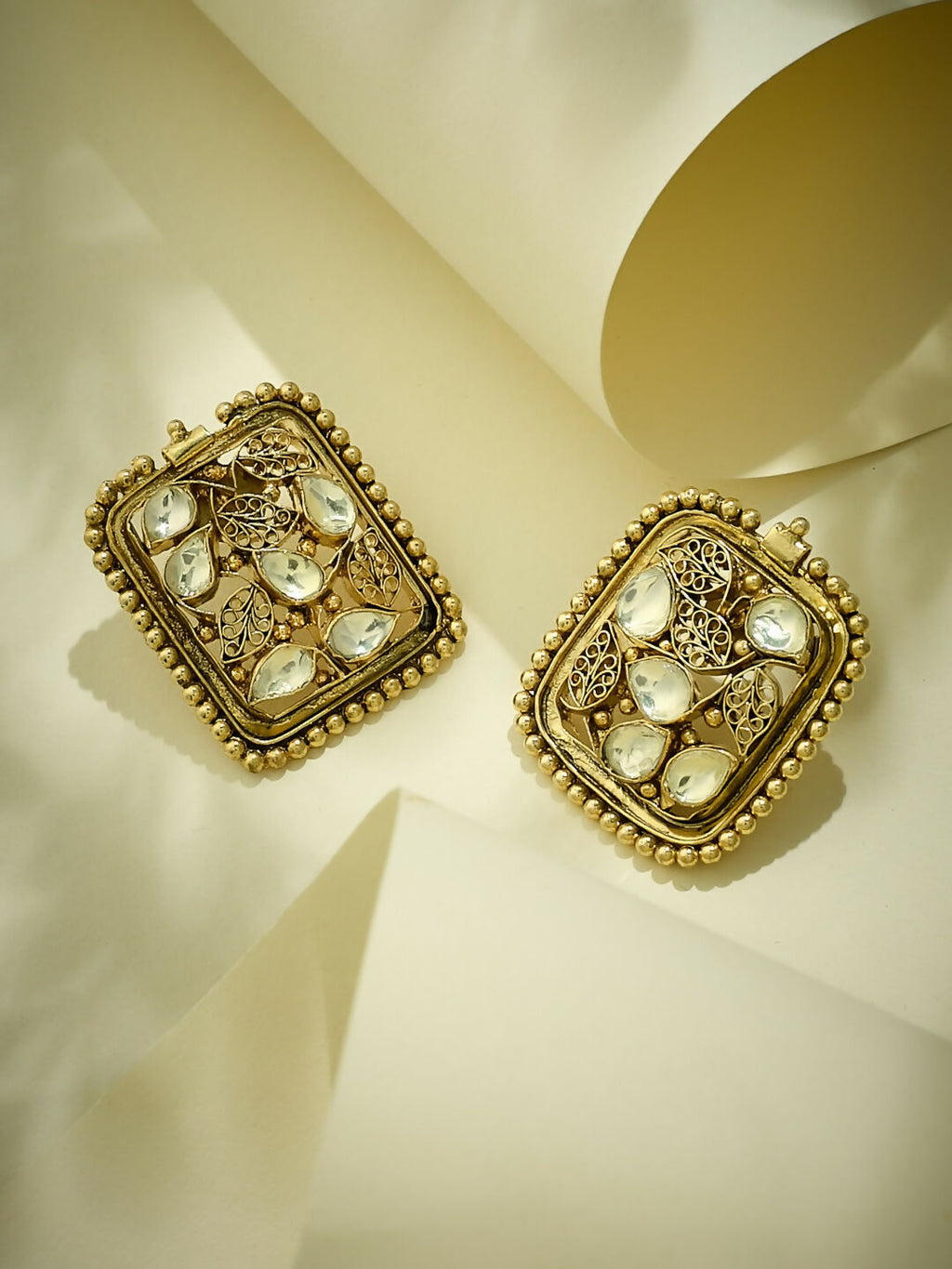 Nuyug 22K Gold-Plated Kundan & Filigree Concept Rectangular Leafy Studs | Grocsy