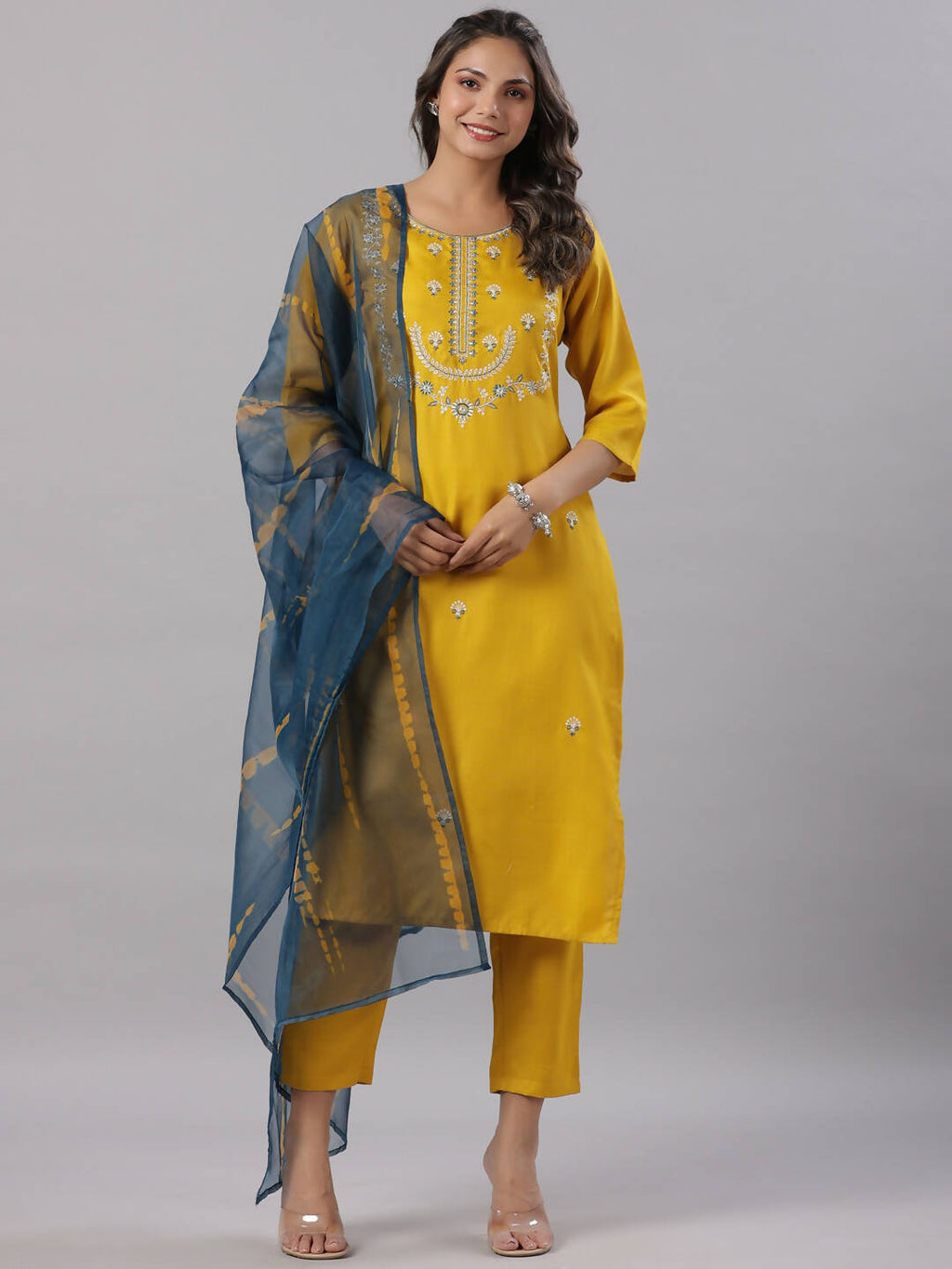 Juniper Women's Mustard Silk Zari Embroidered Kurta Pant Dupatta Set | Grocsy