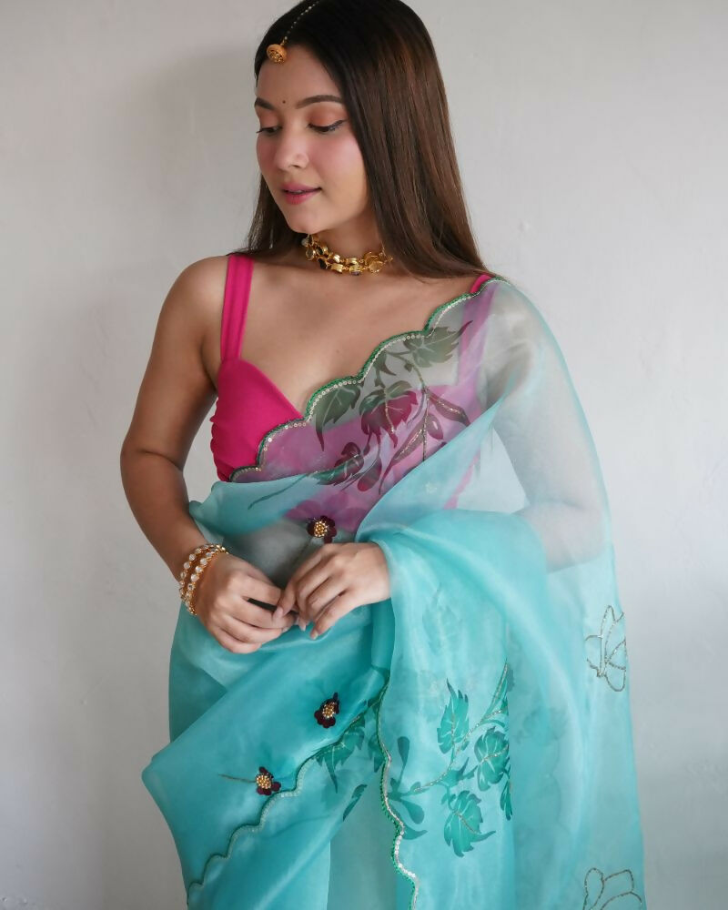 Vamsee Mudra Green Organza Saree | Grocsy