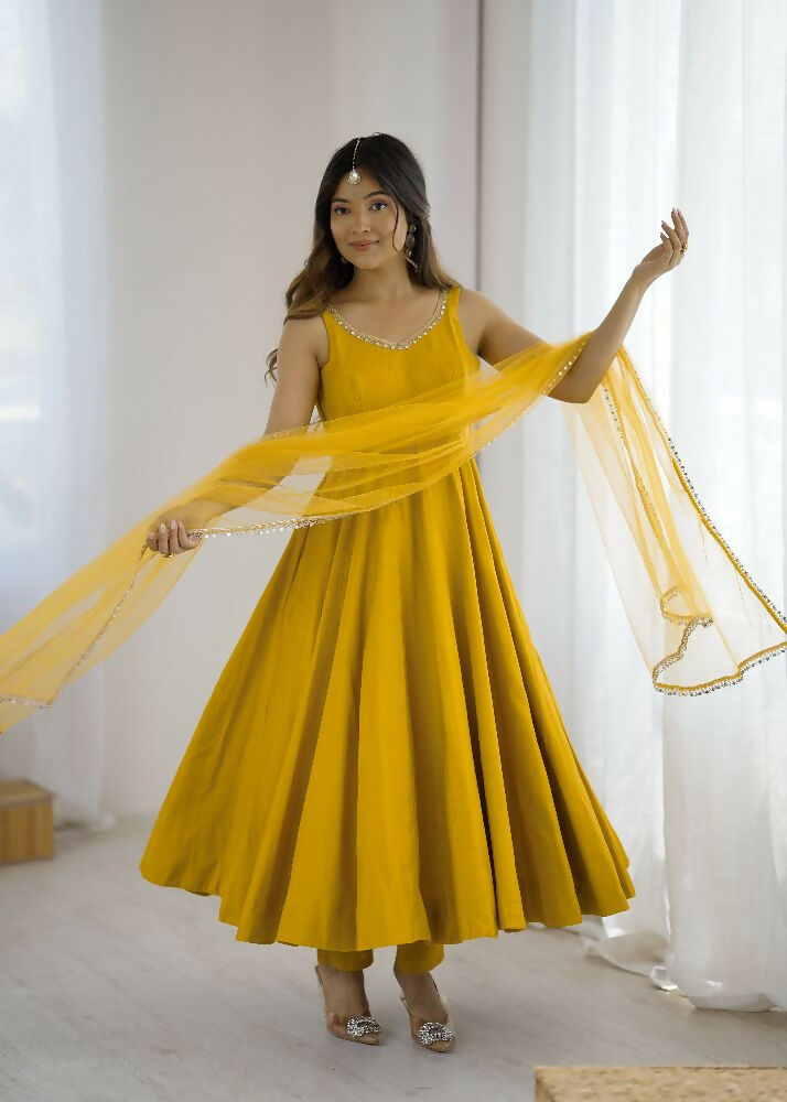 Joban Fashion Yellow Kurta Set Chanderi Sequence Embroidery Work | Grocsy