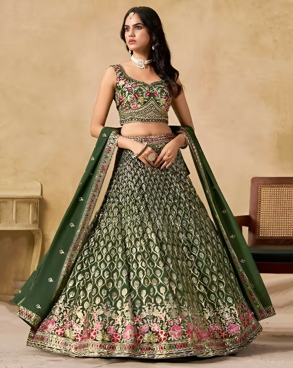 Women’s Semi-Stitched Green Georgette Zari Sequence Thread Embroidery Work Lehenga Choli With Georgette Dupatta-Jihu Culture | Grocsy