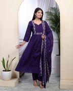 Miravan Women's Cotton Purple A-Line Kurta With Embroidered Neck And Palazzo With Embroidered Dupatta Set | Grocsy