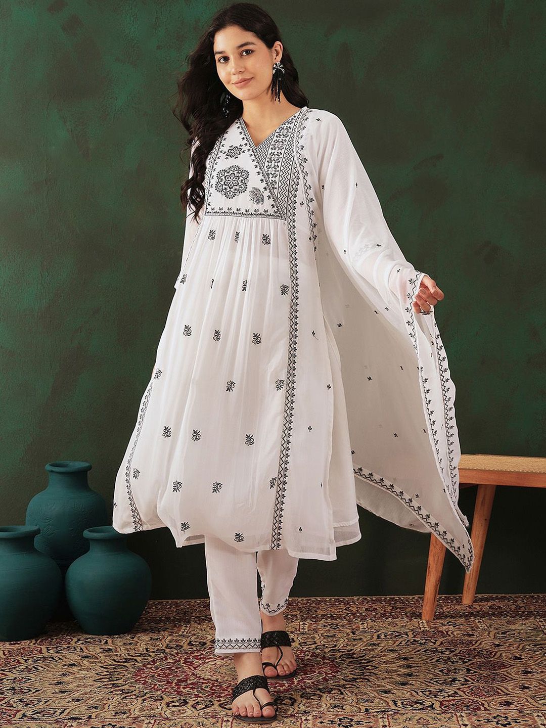 Sangria Floral Embroidered A Line Kurta With Trouser & Dupatta | Grocsy