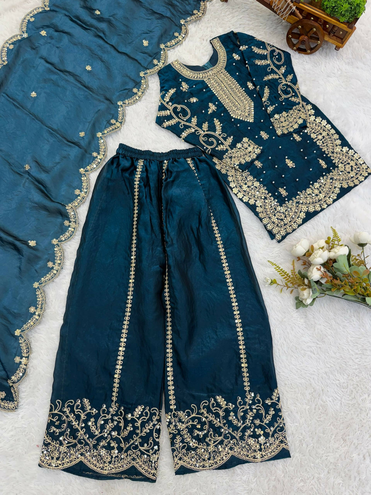 Teeya Creation New Trendy Fully Stitched Ready to Wear Kids Kurta Palazzo Set-Turquoise | Grocsy