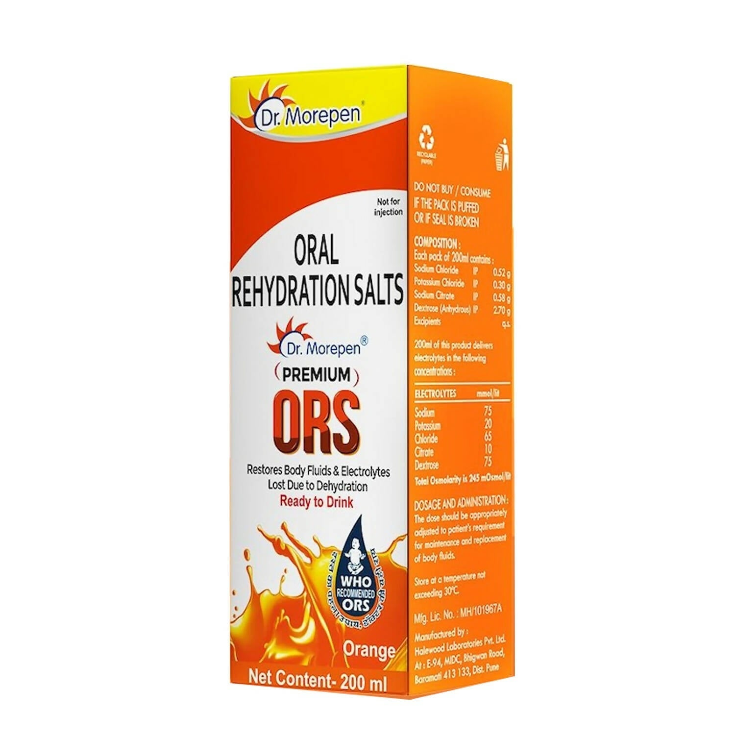 Dr. Morepen Premium ORS Drink With Electrolytes for Instant Hydration Orange Flavour | Grocsy