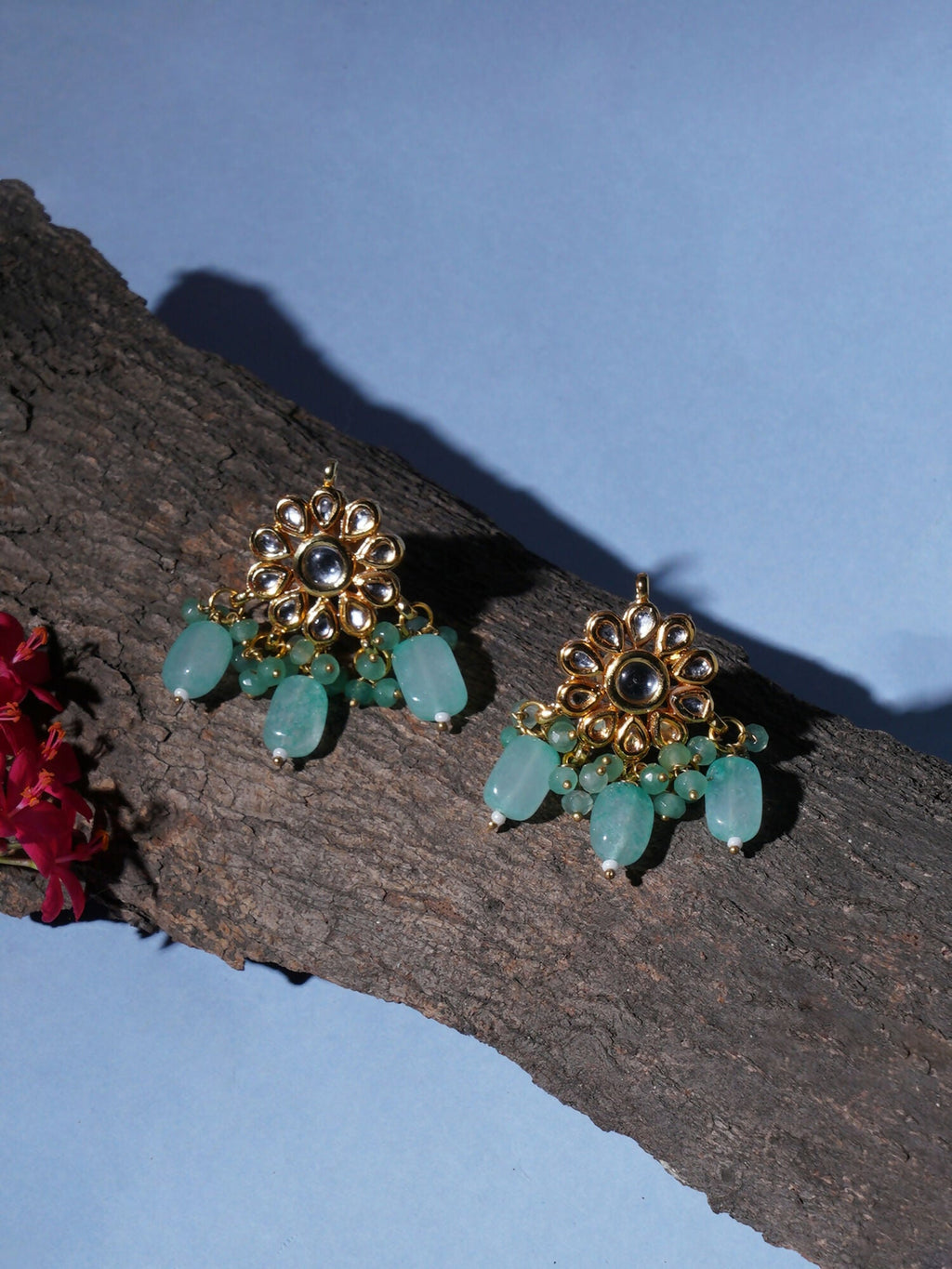 Mint Stone Kundan Earrings (Gold) - Ruby Raang | Grocsy