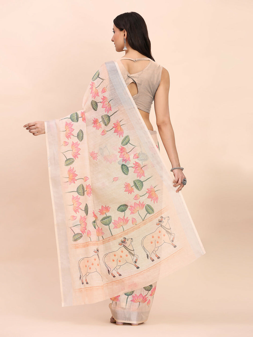 Shree Shyam Fashion Linen Cotton Peach Saree | Grocsy
