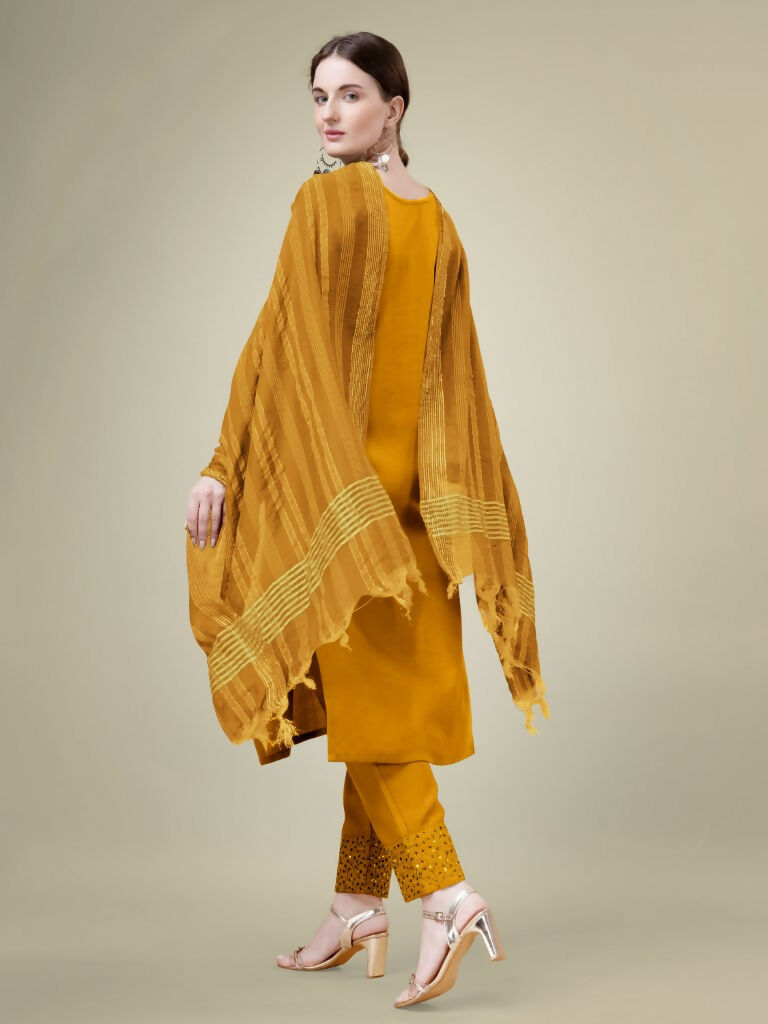 Jyoti Fashion Women's Mustard Cotton Blend Embroidery & Sequence work Kurta with Trouser & Dupatta | Grocsy